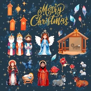 Digitale kerststal aquarel clipart - Serene Belen scène in PNG, kerstambachten, religieuze arKerststal, kerstdecor, Belen scène.