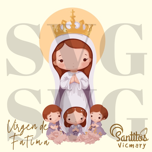 Virgen de Fátima con niños,  Descarga Digital SVG Clipart, 3 Papeles Ilustrados Combinables, dibujo descargable de nuestra señora de Fatima