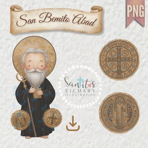 Św. Benedykt Abad Cyfrowe pobranie, obraz św. Benedykta do pobrania, iluminacja św. Benedykta, Medalik św. Benedykta, rysunek.