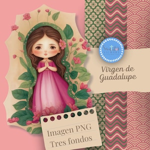 Guadalupe Floral Een prachtige illustratie van de Maagd van Guadalupe omringd door bloemen, perfect om uw huis met toewijding te versieren.