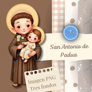 Heiliger Antonius von Padua mit Jesuskind | Süße religiöse Illustration | PNG Clipart + 3 digitale Hintergründe | Katholische Kunst für Karten und Dekoration