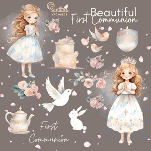 Erstkommunion Mädchen und Accessoires Set, herunterladbare Clipart, Stempel Erstkommunion, Erstkommunionkarte, Vektor, PNG, digitale Grafik