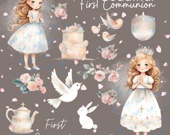 First Communion Girls and Accessories Set, Downloadable Clipart, Stamp First Communion, First Communion Card, Vector, PNG, Digital Graphic