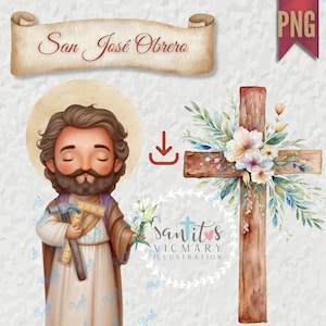 Download an Illustration of Saint Joseph the Worker Father of Jesus Watercolor in PNG Digital Clipart Religious Devotion,