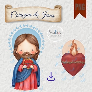 Sacred Heart of Jesus PNG Watercolor Catholic Clipart Digital Download  Devotional Art Illustration  Religious Printable, Corazón de Jesus