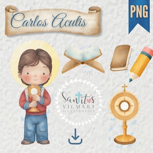 Download een illustratie van Carlo Acutis, jonge heilige van Italië in aquarel PNG digitale clipart Religieuze devotie gezegend met computers
