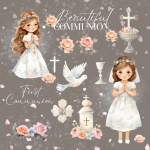 Ensemble de filles et d’accessoires de première communion, clipart téléchargeable, timbre première communion, carte de première communion, vecteur, PNG, graphique numérique