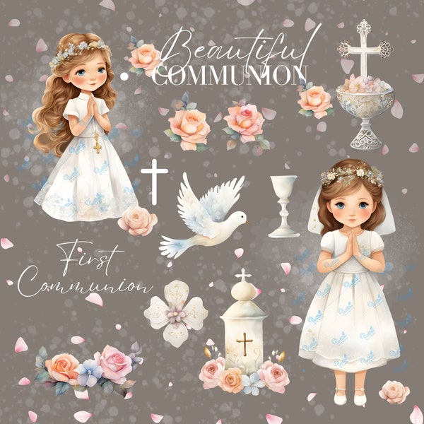 First Communion Girls and Accessories Set, Downloadable Clipart, Stamp First Communion, First Communion Card, Vector, PNG, Digital Graphic