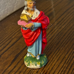 Vintage Chalkware Nativity Wise Man – 5” Hand Painted Plaster King Figurine, Mid-Century Christmas Decor