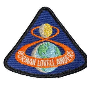 May include: Embroidered patch with a blue triangular background and a black border. The patch features a globe, a planet, and an orange orbital design with the text "BORMAN LOVELL ANDERS" in white.