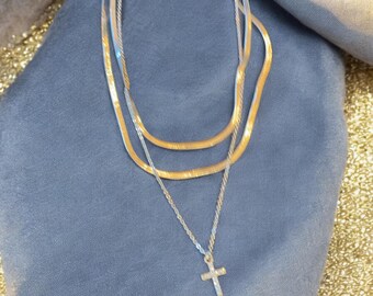 Collier Vintage Croix Plaqué Or Avec Cristaux - Pendentif Ancien, Bijou Occasion Superbe état