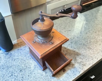 Antique wooden coffee grinder with Drawer and copper coffee feeder great farmhouse decor home furnishing vintage