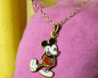 Vintage 1980er Jahre Walt Disney Micky Maus Halskette | Sterling Silber Italien Kette | Emaille-Karikatur-Anhänger 18 ''Halskette