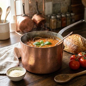 Peut inclure: Une grande casserole ronde en cuivre avec un long manche contient une soupe à la tomate rouge fumante garnie de feuilles de basilic vert frais. Une louche en métal repose dans la marmite, accompagnée d'un petit bol de fromage râpé et de pain.