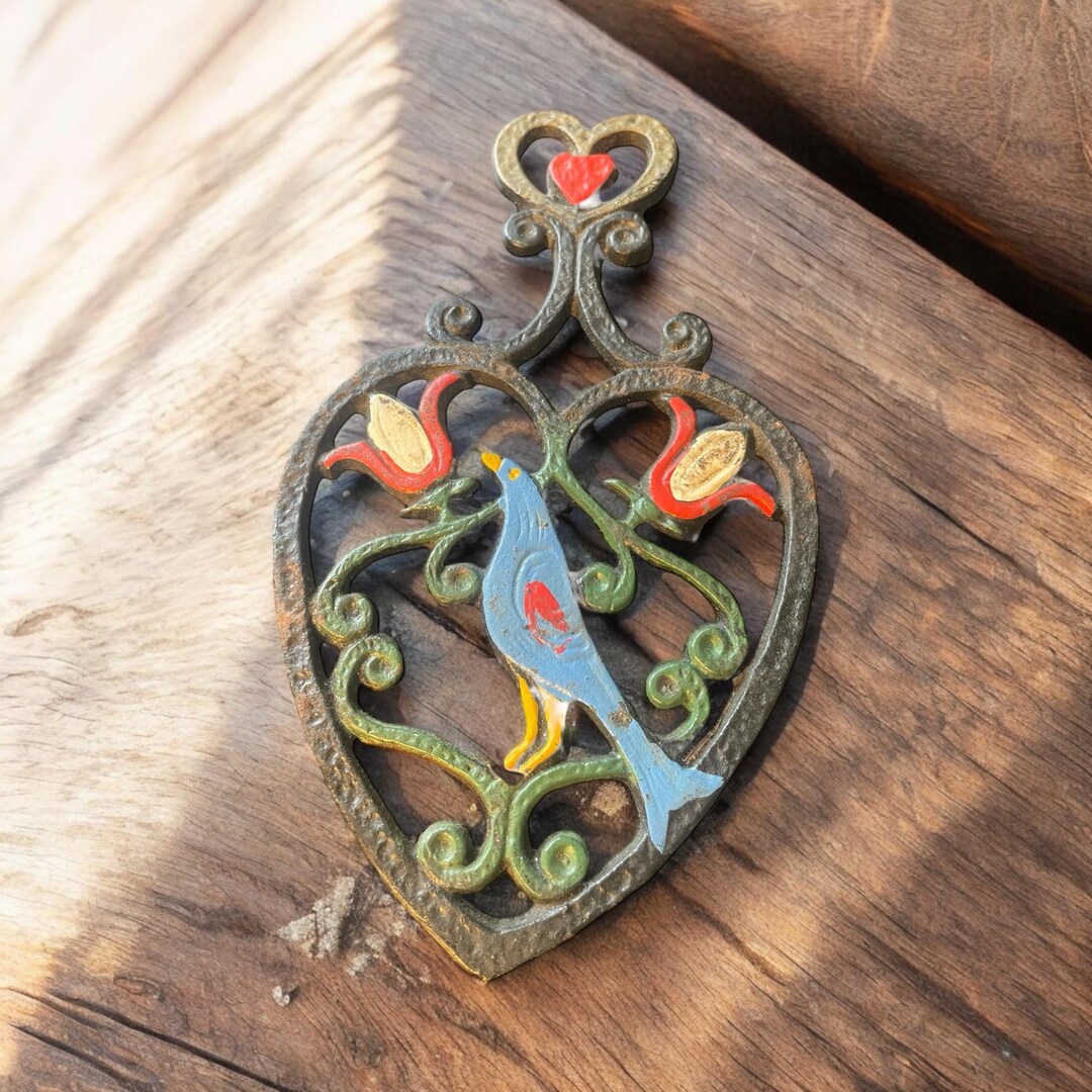 Vintage Cast Iron Trivet Blue Bird of Happiness Heart Shaped With ...