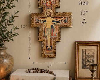Crucifijo vintage italiano estilo San Damiano para colgar en la pared / Hecho en Italia Icono religioso Arte católico para pared Cruz dorada ornamentada