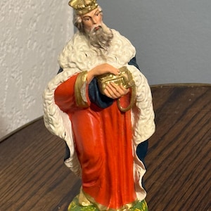 Vintage 1940s–60s Italian Nativity Wise Man Figure – 7&quot; Chalkware Magi King – Hand-Painted Christmas Creche