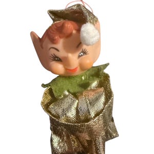 Vintage Gold Knee-Hugger Elf Ornament – 1960s Retro Christmas Pixie, Mid-Century Holiday Decoration