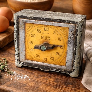May include: An antique Minute Minder timer with a distressed metal frame and a yellow face. The timer displays numbers from 5 to 60, with a black hand indicating the minutes. The timer is a vintage kitchen tool.