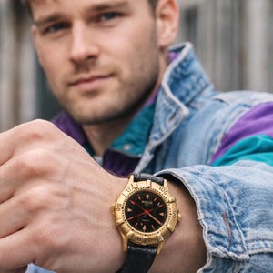 Vintage Adolfo Quartz Diver-Style Watch | Gold Tone Black Dial | Retro Men’s Analog Wristwatch