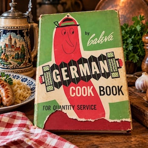 May include: A vintage hardcover book titled German Cook Book for Quantity Service by Caleva. The cover features a red cartoon sausage character wearing a hat and playing an accordion, set against a green background with distressed edges.