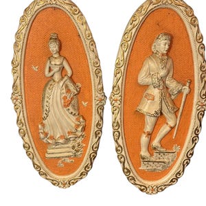 Vintage Victorian Lady Wall Plaques Plaster Cameo Reliefs on Orange Textile Background Rococo Style Wall Art Pair universal statuatory