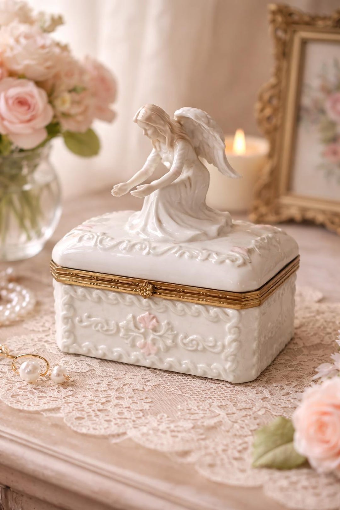 Vintage Porcelain Angel Jewelry Box – Shabby Chic Trinket Box With Gold ...