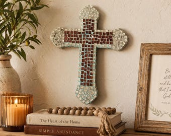 Handmade Mosaic Cross Wall Art – Rustic Glass Tile Cross – Christian Wall Decor – Boho Southwestern Faith Piece – 11” Decorative Cross