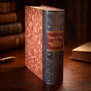 Puede incluir: Un libro antiguo titulado "Die Kreutzer Sonate" de Tolstói. El libro tiene una cubierta con estampado rojo y dorado y un lomo azul oscuro con detalles dorados y el nombre del autor. El libro está de pie sobre una superficie de madera.
