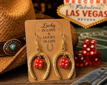 Vintage geluksoorbellen met hoefijzer en rode dobbelstenen | Goudkleurige casino-sieraden | Geluksoorbellen uit Las Vegas | Cadeau in westernstijl