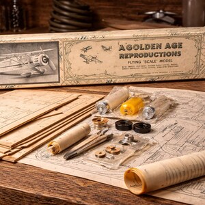 May include: A vintage model airplane kit with the text "A Golden Age Reproductions" on the box. The kit includes a box with an airplane image, blueprints, and various model parts. The items are arranged on a wooden surface.