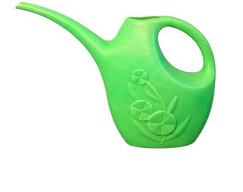 Vintage Lustro Ware Watering Can – Bright Green Plastic, Floral Embossed – Mid-Century Garden Decor – Made in USA