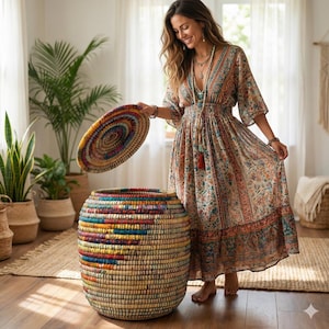 May include: A round, woven storage basket with a lid. The basket is made of natural fibres and features a colourful striped design around the middle. The lid is also woven with a spiral pattern. The basket is sitting on a wooden floor.