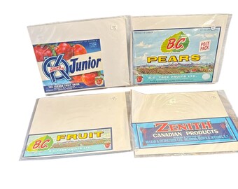 Vintage B.C. Fruit Crate Labels – Set of 4 | Canadian Orchard Advertising | Vernon & Kelowna | 1930s–1950s Unused Labels