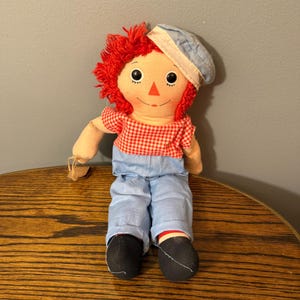 Vintage Raggedy Andy Style Doll – Handmade Cloth Doll with "I Love You" Heart Red Yarn Hair & Blue Overalls – 18” Soft Toy raggedy ann andy