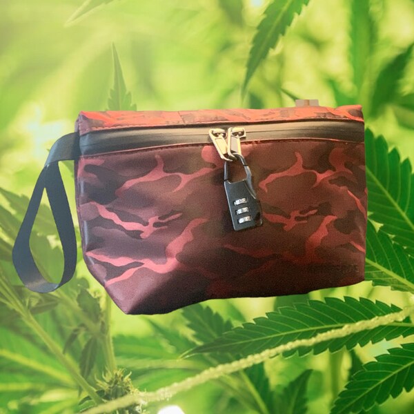 Smell proof bag red camo finish comes with combination lock with lanyard and velcro seal