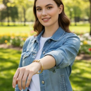 May include: Gold-coloured bangle bracelet with a textured design. The bracelet is worn on a wrist, and the image is taken outdoors. The bracelet has a knot-like detail at the top. The background is a park with green grass and trees.