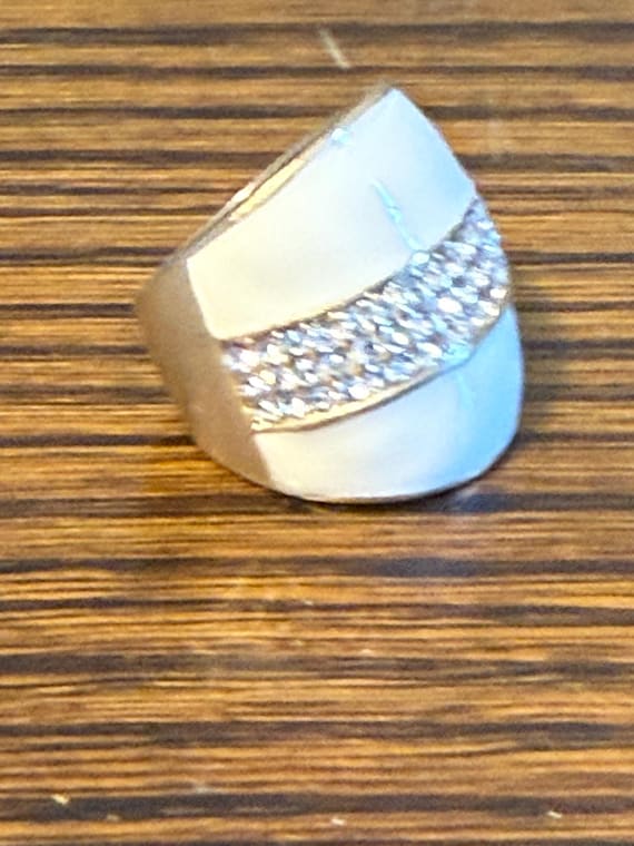 Bold White Enamel Statement Ring with Rhinestone … - image 1