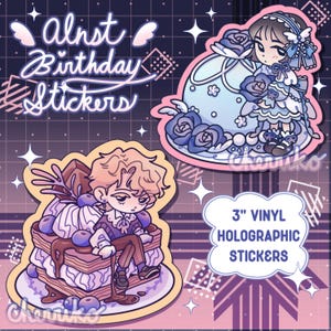 May include: Holographic vinyl stickers featuring two anime-style characters and a cake design. The stickers are 3 inches in size and have the text "Almost Birthday Stickers". The stickers are in shades of blue, purple, and brown.