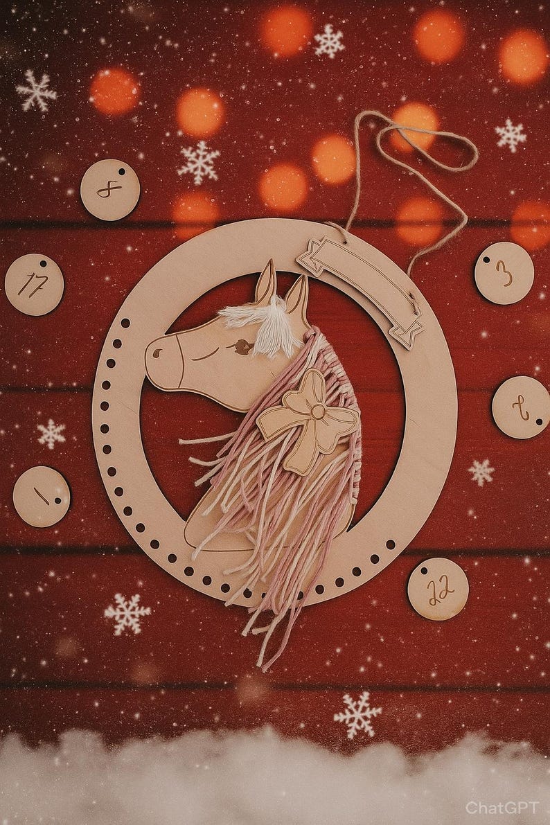 K&ouml;nnte beinhalten: Weihnachts-Adventskalender mit h&ouml;lzernem Pferdekopf, rosa Garnm&auml;hne und Schleife. Der Pferdekopf befindet sich in einem Holzring mit kleinen L&ouml;chern. Enth&auml;lt nummerierte Holzkreise und Schneeflocken auf rotem Hintergrund.