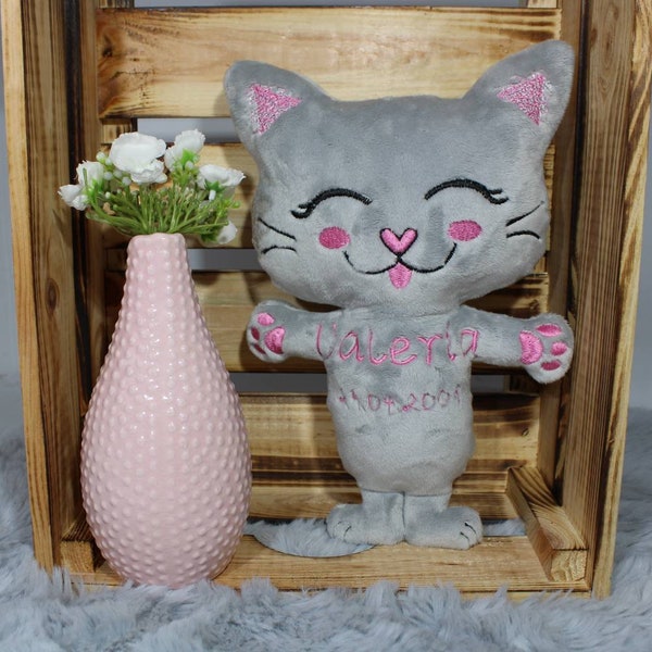 Katze personalisiert/ Stoffkatze mit Namen/Geschenk zur Geburt/ Stofftiere