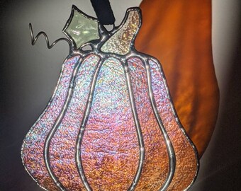 Iridescent Orange Gourd Stained Glass Window Ornament - Fall Pumpkin Glass Suncatcher