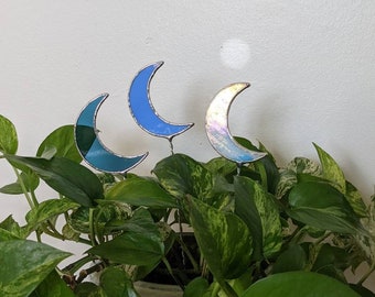 Periwinkle Blue Crescent Moon Stained Glass Plant Stakes