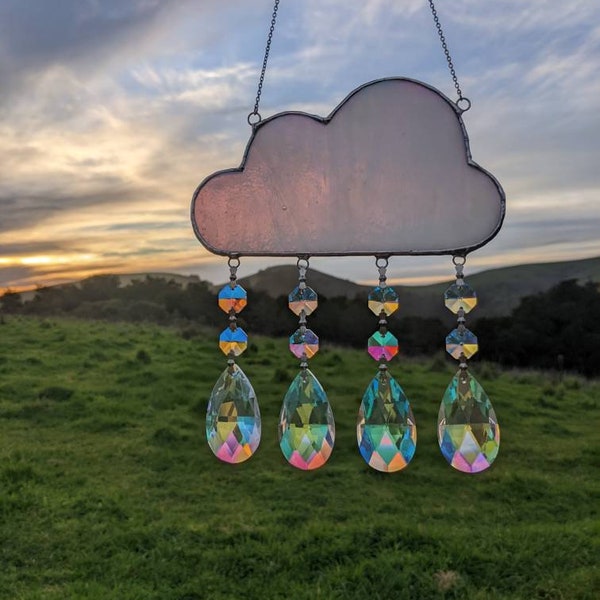 Raining Crystals Stained Glass Cloud Window Hanging Suncatcher - Rain Storm Cloud Art Ornament