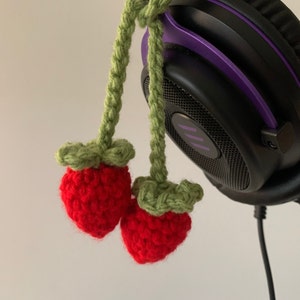 Crochet Strawberry Headphone Accessory | Strawberry Bag Charm | Fruit Dangle Accessory | Cute Berry Headphone Dangle Cord