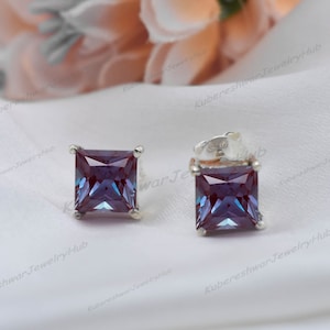Vintage Alexandrite Stud Earrings: 925 Sterling Silver, Square 9mm Prinsscut Studs, Handmade Everyday Earrings,