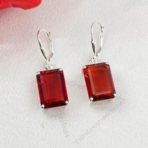 Emerald Cut Garnet Lever Back Earrings: Sterling Silver January Birthstone