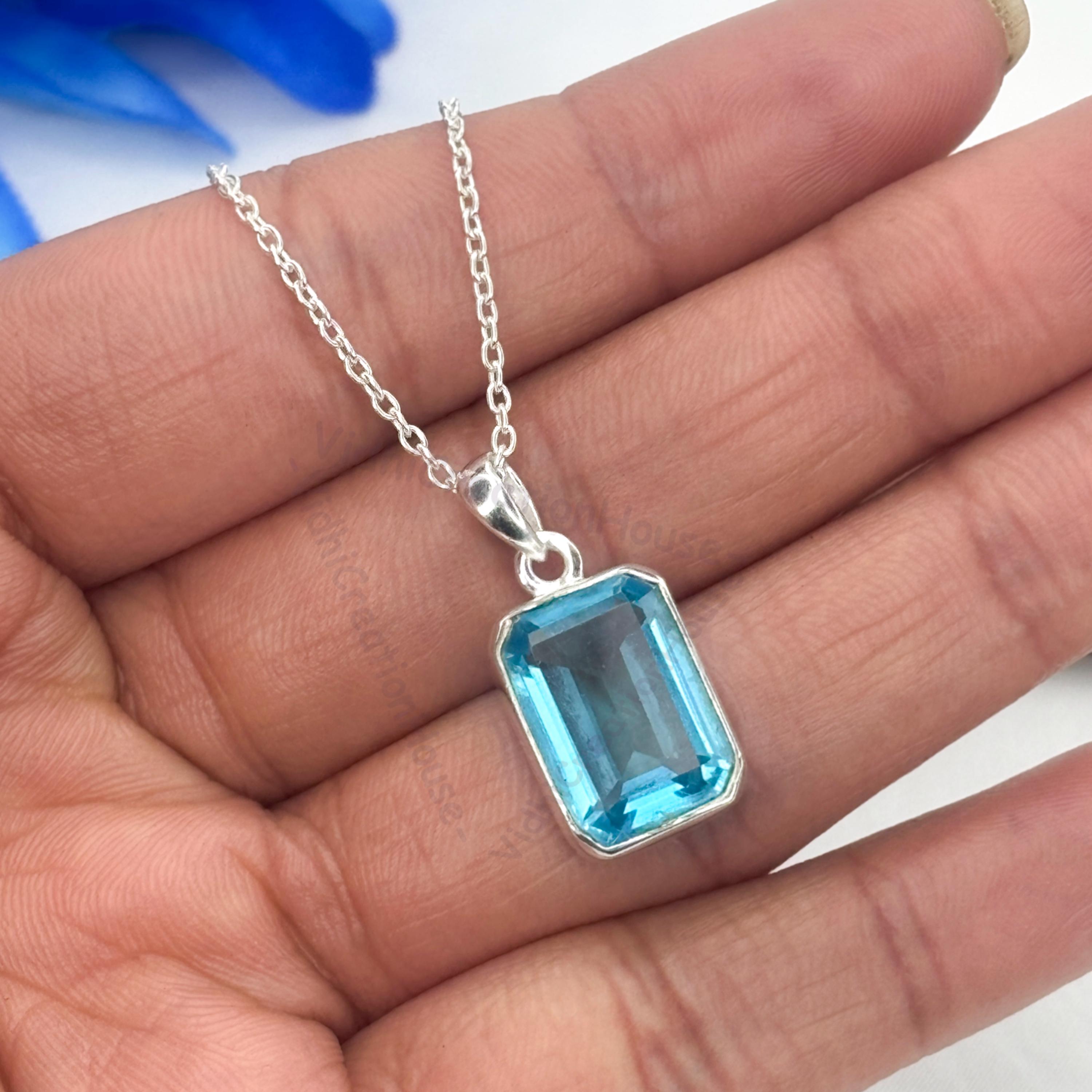 Pendentif Topaze Bleue En Argent 925 Plaqué Or Blanc - Marque A Bijoux - Neuf