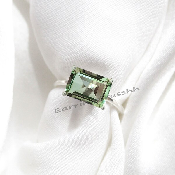 Prasiolite Engagement Ring, Natural Green Amethyst Ring, Women Cocktail Prasiolite Ring, 925 Sterling Silver, Solitaire Emerald Cut Ring Her