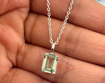 Emerald Cut Green Amethyst Pendant: 925 Sterling Silver Necklace